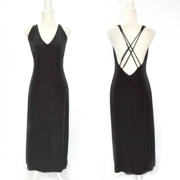 Frederick's of Hollywood Satin Maxi V-Neck Crossback Slip Dress in Black | Large - Picture 1 of 8